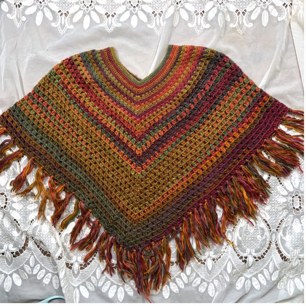 Vintage Handmade Crochet Poncho Multi Color Striped Boho Fringe Wrap One Size